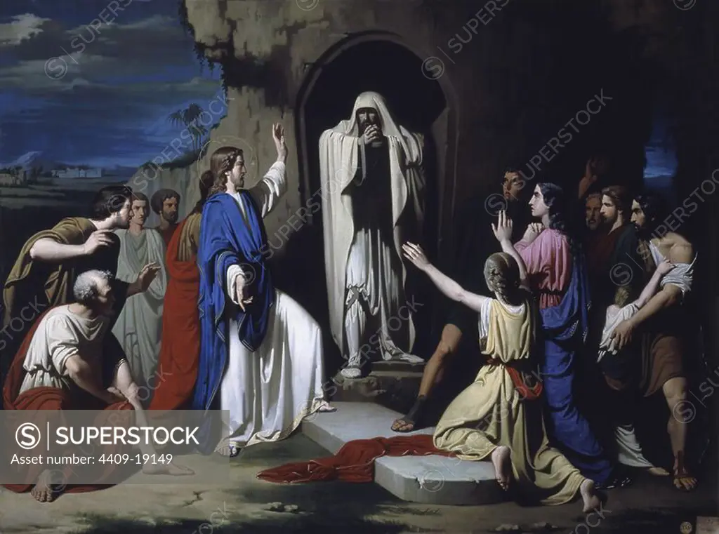 'The Resurrection of Lazarus', 1855, Oil on canvas, 169 x 127 cm, Inv. 0284. Author: Jose Casado del Alisal. Location: ACADEMIA DE SAN FERNANDO-PINTURA. MADRID. SPAIN. JESUS. MARY MAGDALENE. LAZARUS OF BETHANY. MARTA DE BETANIA S I. MARIA DE BETANIA S I.