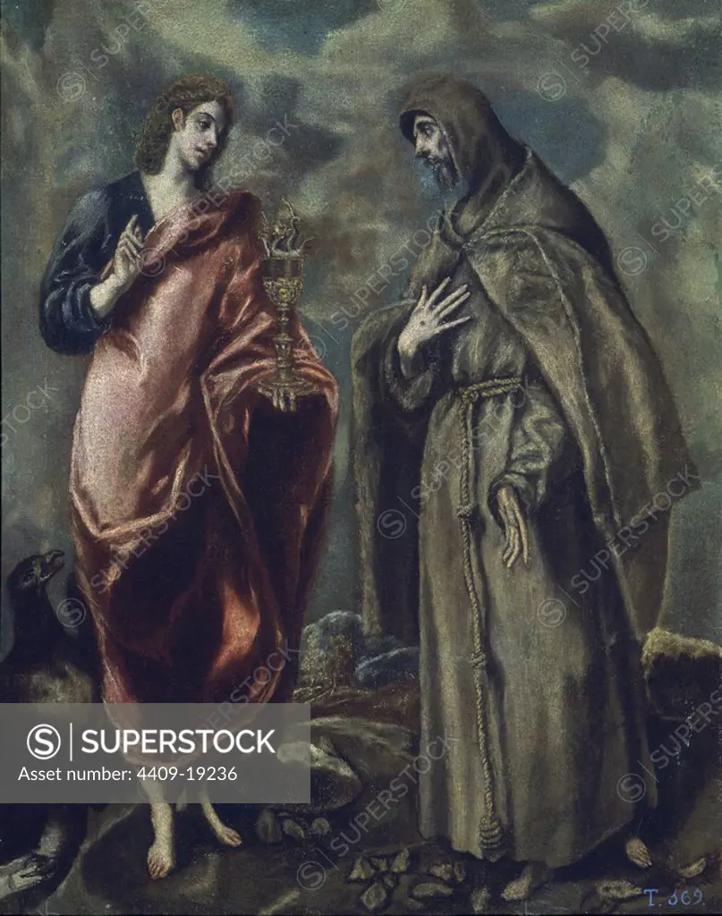 St. John the Evangelist and St. Francis - ca. 1600 - 64x50 cm - oil on canvas - Spanish Mannerism. Author: EL GRECO. Location: MUSEO DEL PRADO-PINTURA. MADRID. SPAIN. SAN FRANCISCO DE ASIS. SAN JUAN EVANGELISTA Y APOSTOL.
