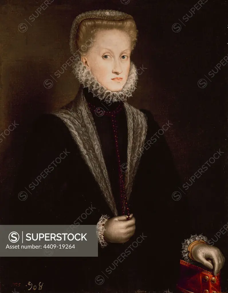 'The Queen Anne of Austria', 1573, Oil on canvas, 86 cm x 67,5 cm, P01284. Author: SOFONISBA ANGUISSOLA (1532-1625). Location: MUSEO DEL PRADO-PINTURA. MADRID. SPAIN. FELIPE II ESPOSA. ANA DE AUSTRIA (ESPOSA DE FELIPE II). AUSTRIA ANA 1549/1580 ESPOSA DE FELIPE II.