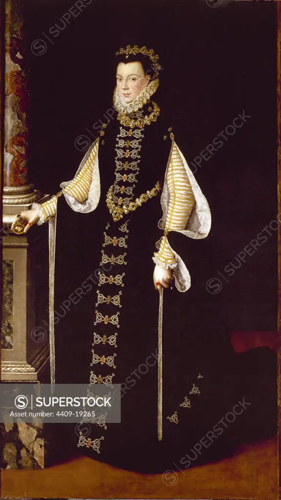 Isabel de Valois, third wife of Felipe II', 1561-1565, Oil on canvas, 206 cm x 123 cm, P01031. Author: SOFONISBA ANGUISSOLA (1532-1625). Location: MUSEO DEL PRADO-PINTURA. MADRID. SPAIN. VALOIS ISABEL DE. ISABEL DE VALOIS. FELIPE II ESPOSA.