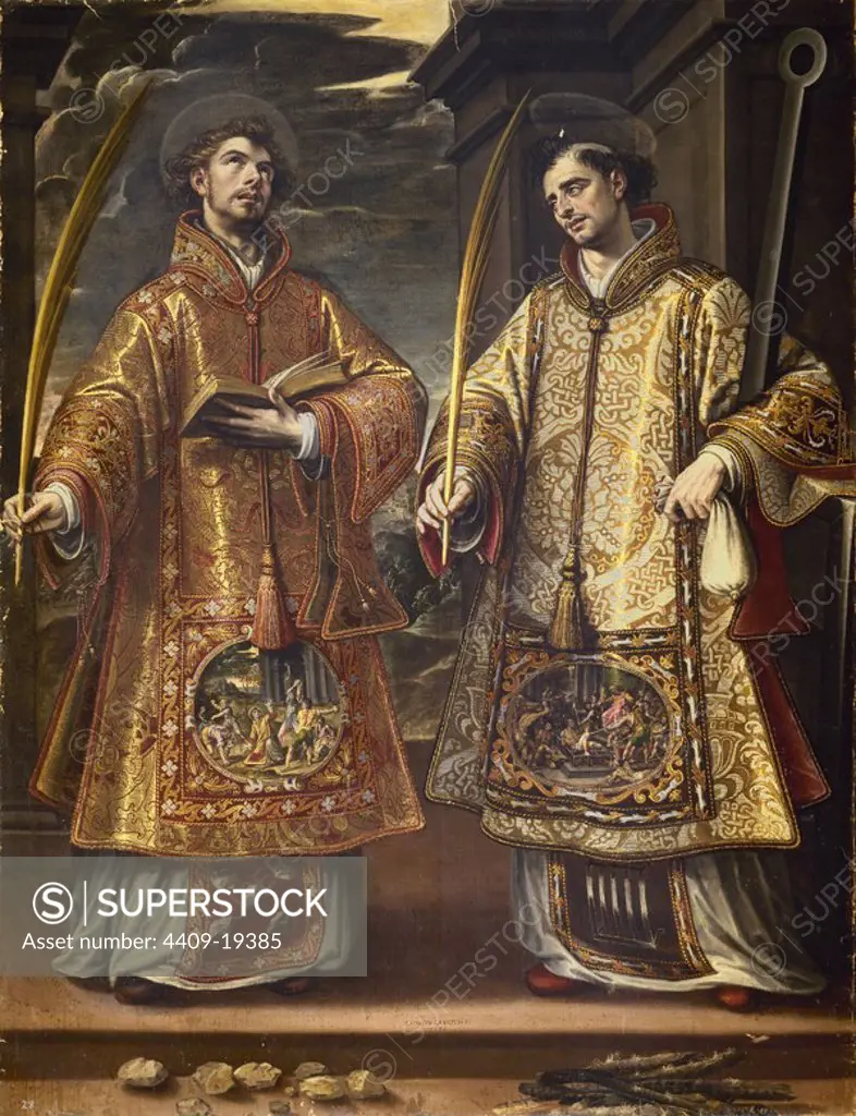 St. Lawrence and St. Stephen - 1580 - oil on canvas. Author: ALONSO SANCHEZ COELLO. Location: MONASTERIO-PINTURA. SAN LORENZO DEL ESCORIAL. MADRID. SPAIN.