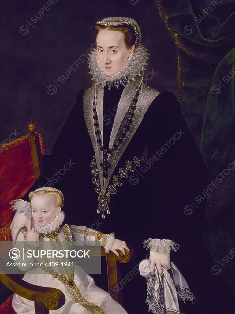 Portrait of Donna Maria Maximiliana Manrique de Lara and child - 1574 - 135x99,5 cm - oil on canvas. Author: STRAETEN GEORGES VAN. Location: GALERIA NACIONAL. PRAG. CZECH REPUBLIC. MANRIQUE DE LARA Y PERNSTEIN MARIA.