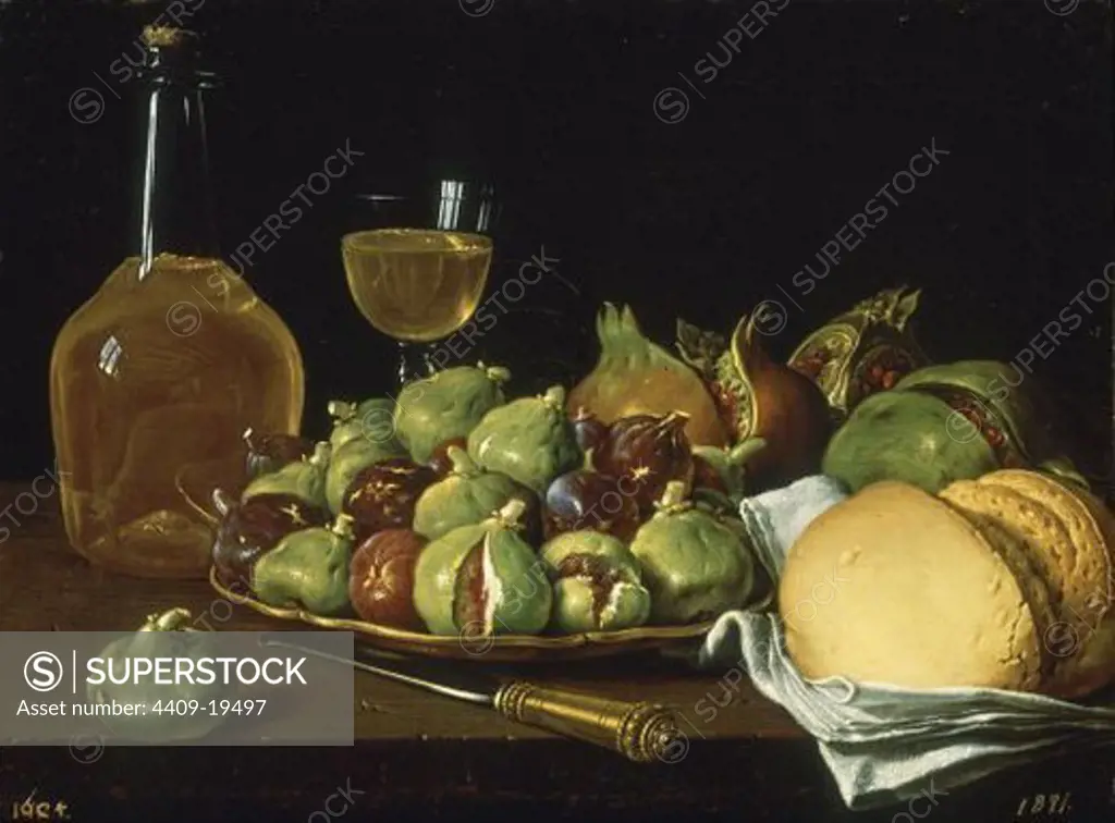 Still Life with a plate of figs and pomegranates, bread and wine - 1770 - 35 x 45 cm - oil on canvas - Spanish Baroque - NP 937. Author: MELENDEZ, LUIS. Location: MUSEO DEL PRADO-PINTURA, MADRID, SPAIN. Also known as: BODEGON: PAN, GRANADAS, HIGOS Y OBJETOS; NATURE MORTE AVEC UN PLAT DE FIGUES ET GRENADES, PAIN ET VIN.