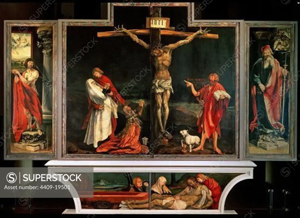 German school. Issenheim Altarpiece (open). In the middle: The Crucifixion. On the l.: St. Sebastian. on the r.: St. Anthony. On the predella: The Entombment. Author: GRUENEWALD, MATTHIAS. Location: MUSEO UNTERLINDEN, COLMAR, FRANCE.