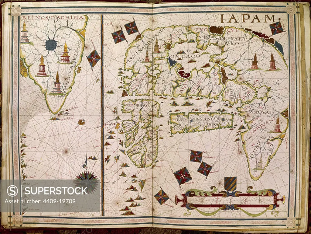 ATLAS PORTULANO - 1568 - MAPA DE JAPON - FOL 9- S XVI CARTOGRAFIA. Author: VAZ DOURADO FERNAO. Location: PRIVATE COLLECTION. MADRID. SPAIN.