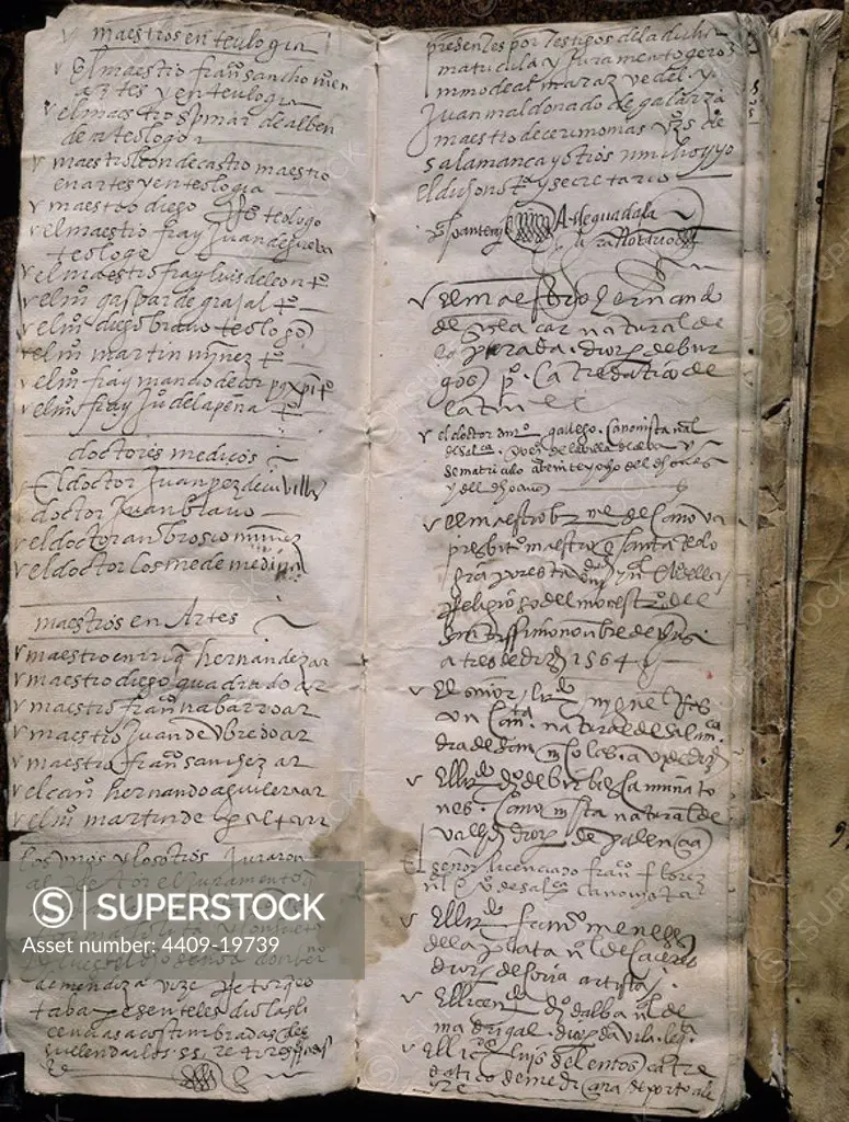 Spanish school. Registration book with a list of teachers. 1564. Salamanca, library of the university. Location: UNIVERSIDAD BIBLIOTECA. SALAMANCA. SPAIN.