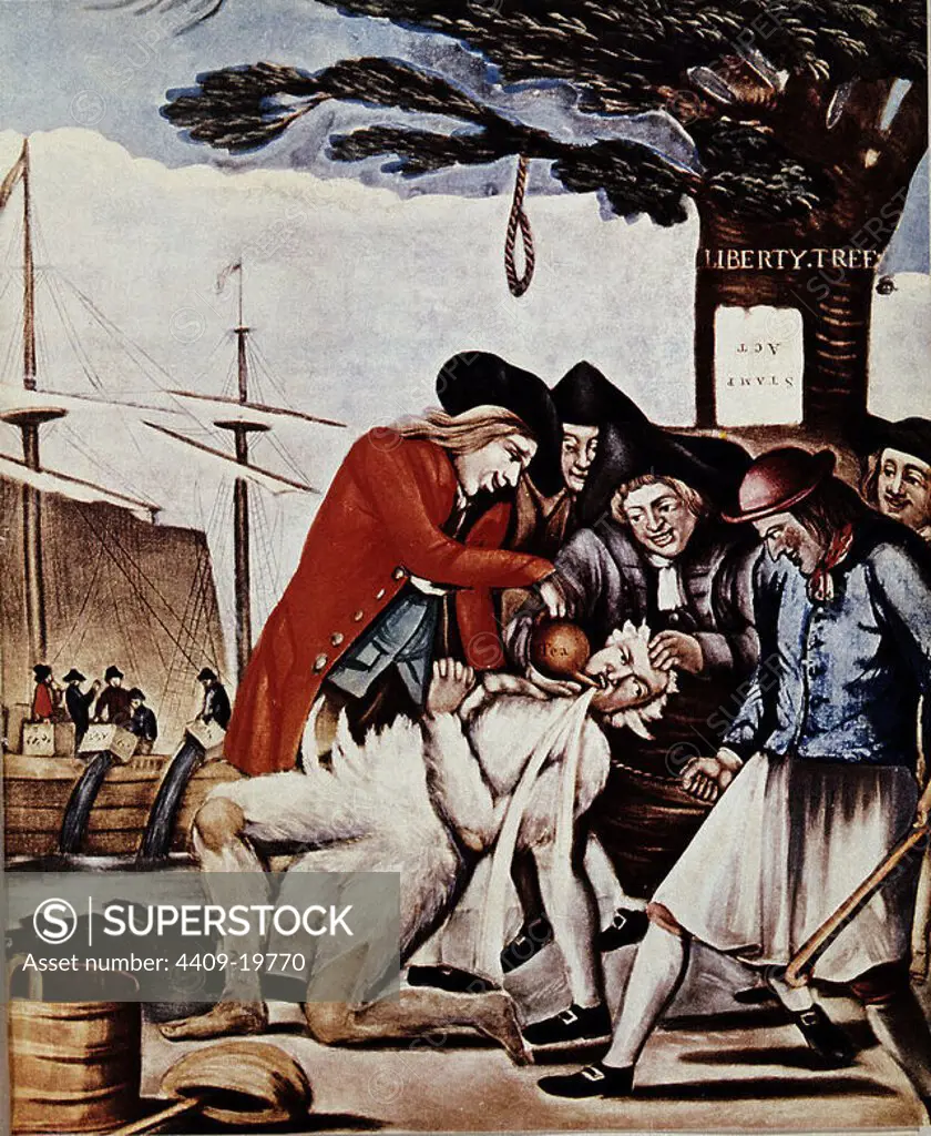Boston Tea Party, December 16, 1773.. Bostonians tarring and feathering the Excise man and forcing tea down his throat. In background tea is being dumped in the harbour. Protest against British rule. "No taxation without representation". Lithograph published in London 1774.