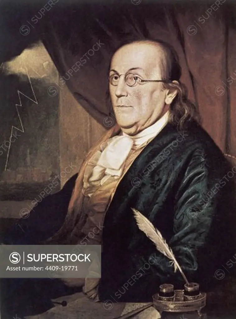 GRABADO-BENJAMIN FRANKLIN-(1706-1790) POLITICO,FILOSOFO Y CIENTIFCO AMERICANO.