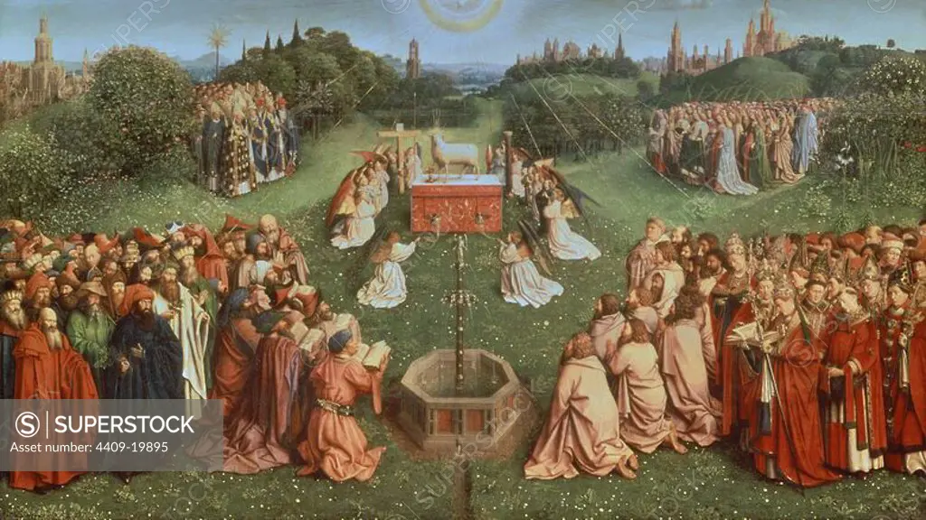 The Adoration of the Mystic Lamb, from the Ghent Altarpiece, lower half of central panel - 1432 - 137,7x242,3 cm - oil on panel - Flemish Gothic. Author: JAN VAN EYCK. Location: CATEDRAL DE SAN BAVON. GHENT. Belgien.