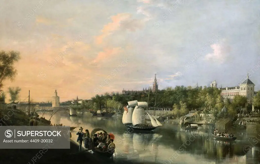"The Guadalquivir". (View of Seville from the other side of the Guadalquivir, left behind the 12 cor nered Torre del Oro, built 1220, and the Cathedral, built 1402-1517). Painting, 1851. Author: MANUEL BARRON Y CARRILLO (1814-1884). Location: MUSEO NACIONAL DE BELLAS ARTES. LA HABANA. CUBA.