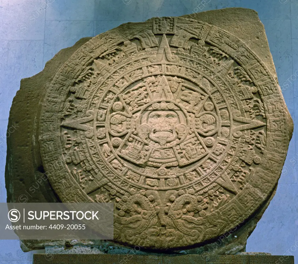 Sun stone or Aztec calendar with days, months and eras. Mexican art. National Musem of Anthropology in Mexico City. Mexico. Location: MUSEO NACIONAL DE ANTROPOLOGIA. MEXICO CITY. TONATIUH. DIOS DEL SOL.
