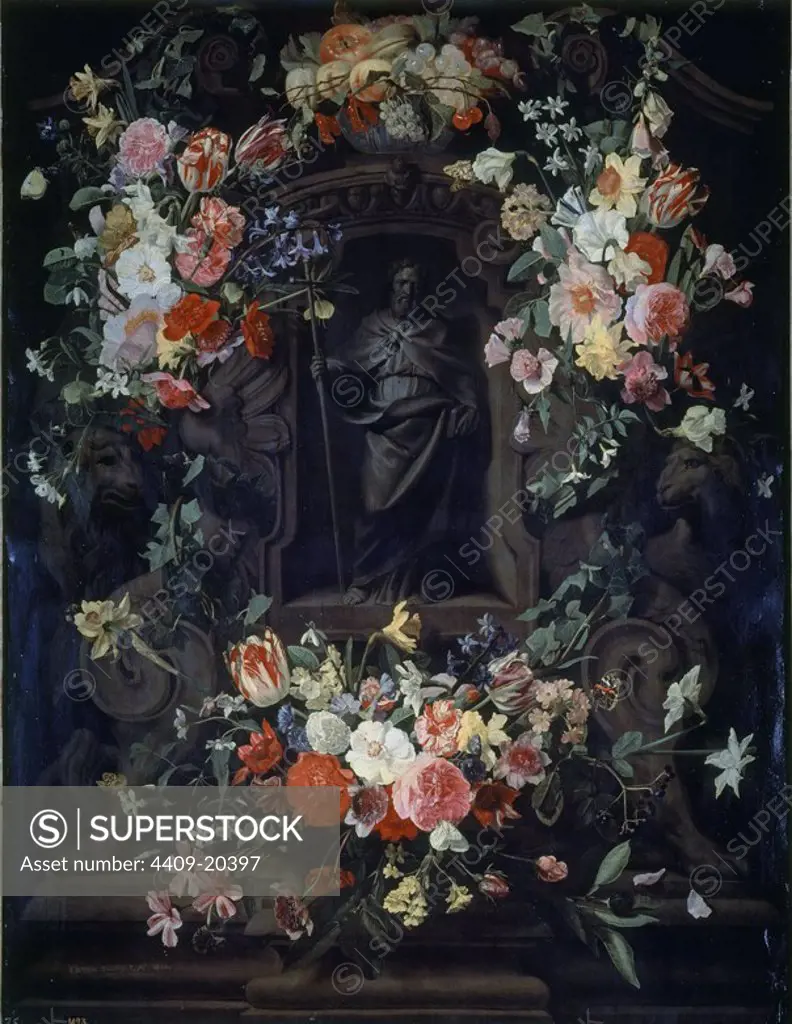 'San Felipe en hornacina rodeada de flores', 1651, Flemish School, Oil on copper, 126 cm x 96 cm, P01843. Author: THIELEN JAN PHILIPS VAN. Location: MUSEO DEL PRADO-PINTURA. MADRID. SPAIN. Philip The Apostle.
