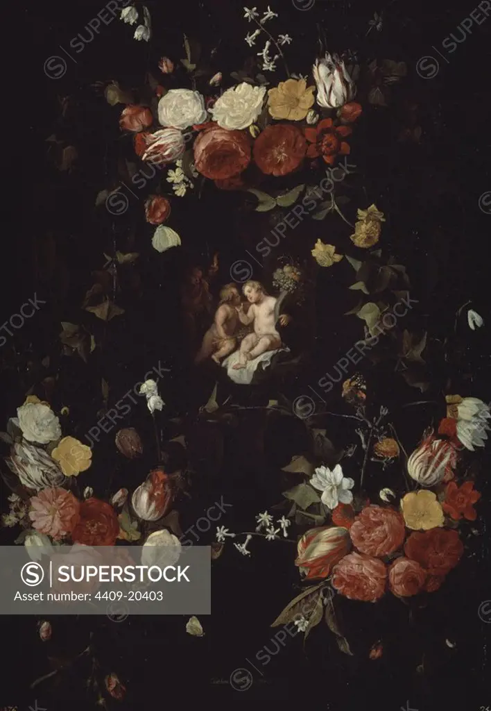 'Garland with Three Loves', c. 1646, Flemish School, Oil on panel, 102 cm x 72 cm, P01460. Author: LUYCKS CHRISTIAAN. Location: MUSEO DEL PRADO-PINTURA. MADRID. SPAIN. AMOR MITOLOGIA.