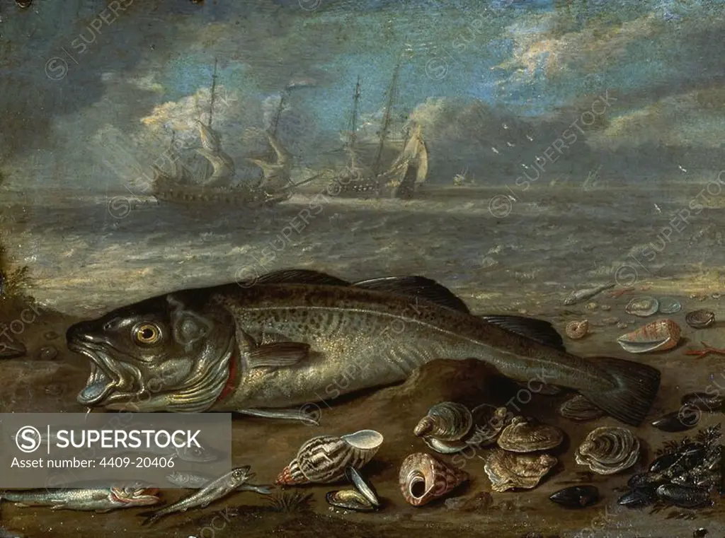 'Fishes and Seascape', ca. 1656, Flemish School, Oil on copper, 14 cm x 19 cm, P02750. Author: JAN VAN KESSEL EL VIEJO (1626-1679) VAN KESSEL I. Location: MUSEO DEL PRADO-PINTURA. MADRID. SPAIN.