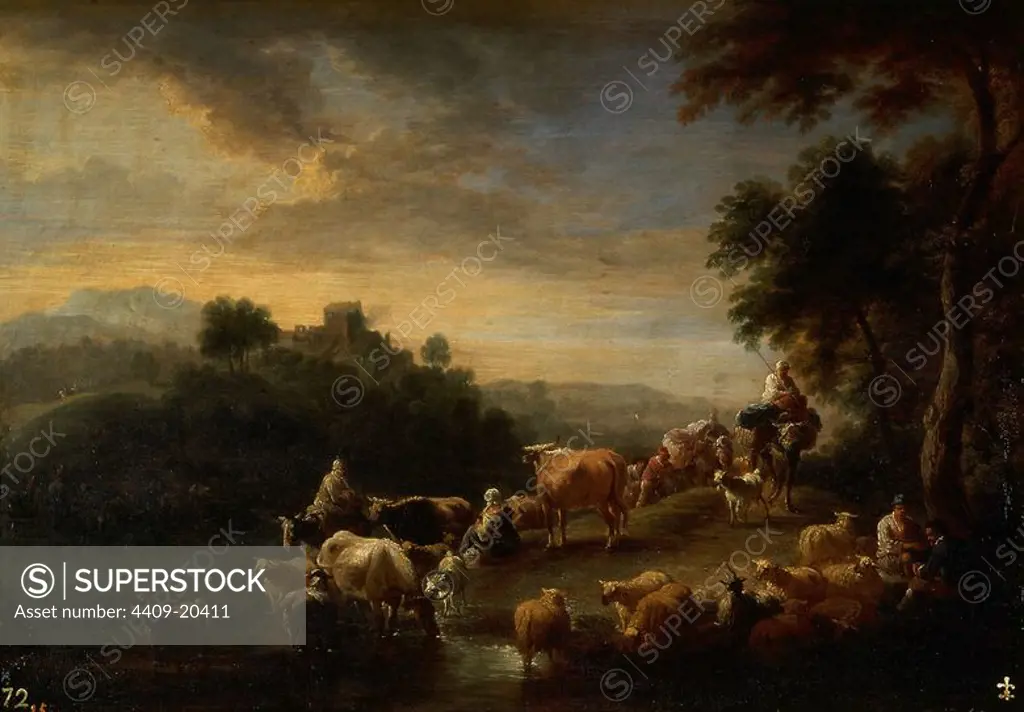 'Landscape with Cattle', Second half 17th century - Early 18th century, Flemish School, Oil on panel, 32 cm x 43 cm, P01376. Author: ADRIAEN FRANSZ BOUDEWIJNS 1644-1711 / PEETER BOUT. Location: MUSEO DEL PRADO-PINTURA. MADRID. SPAIN.