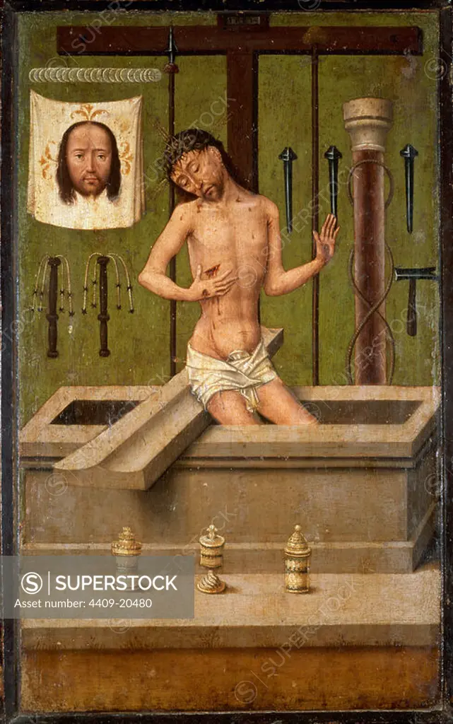 Triptych - Christ "Patiens" . 45x29 cm. Madrid, Prado museum. Spain. Author: MAESTRO DE LA LEYENDA DE SANTA CATALINA. Location: MUSEO DEL PRADO-PINTURA. MADRID. SPAIN. JESUS. CRISTO DE LA PACIENCIA.