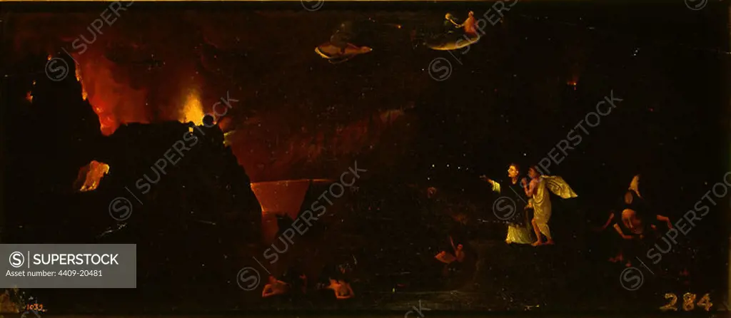 Bosch's imitation. An Angel taking a Soul trough the Regions of Hell. Un angel conduce a un alma por las regiones infernales. Canvas (1.35X0.78). Madrid, Prado museum. Author: IMITADOR DE EL BOSCO. Location: MUSEO DEL PRADO-PINTURA. MADRID. SPAIN. ANGEL EXTERMINADOR.