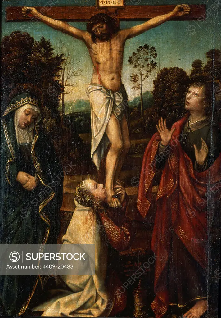 The Crucifixion. 16th century. 45x33 cm. Madrid, Prado museum. Spain. Author: GERARD DAVID (1460-1523). Location: MUSEO DEL PRADO-PINTURA. MADRID. SPAIN. JESUS. VIRGIN MARY. SAN JUAN EVANGELISTA Y APOSTOL. MAGDALENA PENITENTE.