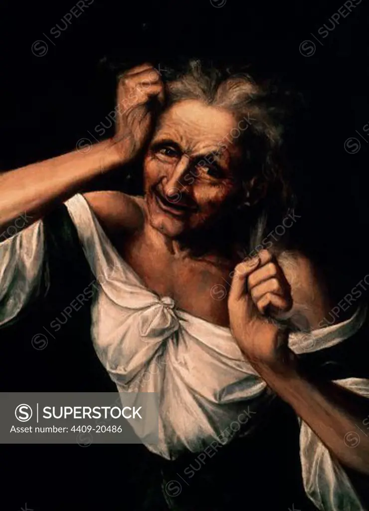 Flemish school. Old Woman Pulls Out Her Hair. 15th century. Oil on cloth (55x40 cm). Allegory of wrath or jealousy. Madrid, Prado museum. Author: MASSYS, QUENTIN. Location: MUSEO DEL PRADO-PINTURA, MADRID, SPAIN.