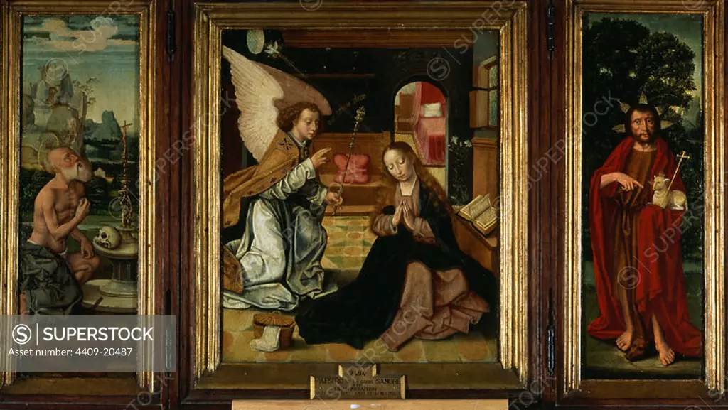 The Annunciation - Triptych With Saint Hieronymus and Saint John Baptist. Madrid, Prado museum. Spain. Author: MAESTRO DE LA SANTA SANGRE. Location: MUSEO DEL PRADO-PINTURA. MADRID. SPAIN. VIRGIN MARY. ESPIRITU SANTO. SAN JUAN BAUTISTA. SAN GABRIEL ARCANGEL / ARCANGEL SAN GABRIEL. SAN JERONIMO (347-420).