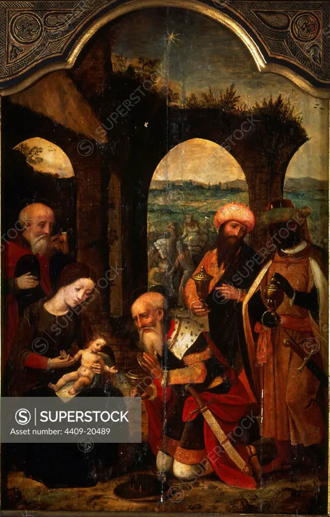 The Adoration of the Magi. 16th century. 54x36 cm. Madrid, Prado museum. Spain. Author: MAESTRO DE LAS MEDIAS FIGURAS SIGLO XVI. Location: MUSEO DEL PRADO-PINTURA. MADRID. SPAIN. CHILD JESUS. VIRGIN MARY. SAN JOSE ESPOSO DE LA VIRGEN MARIA. Melchor. Gaspar. BALTASAR.