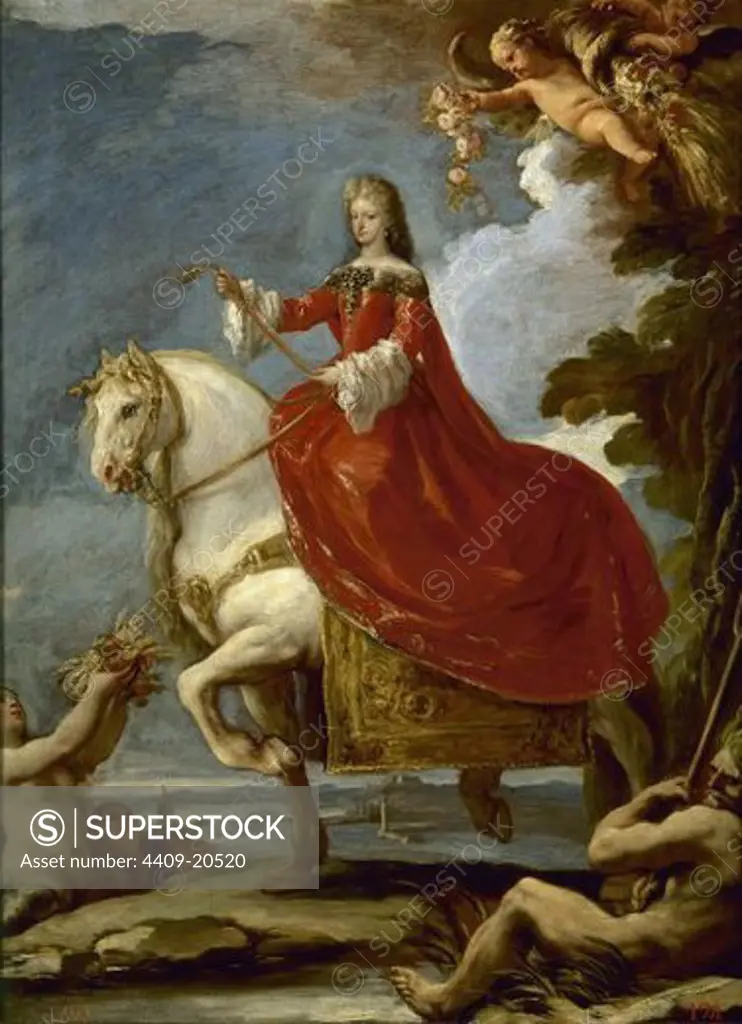 Italian school. Maria Anna of Pfalz-Neuburg, Charles II of Austria's wife, on horseback. 1693. Oil on canvas (81x61 cm) . Madrid, Prado museum. Author: GIORDANO LUCA / JORDAN LUCAS. Location: MUSEO DEL PRADO-PINTURA, MADRID, SPAIN.