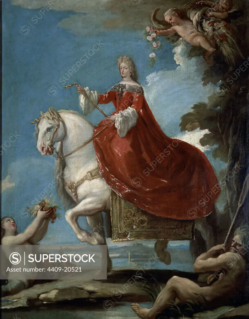 'Maria Anna of Neuburg, Queen of Spain, on horseback', ca. 1694, Oil on canvas, 80 cm x 62 cm, P02763. Author: LUCA GIORDANO. Location: MUSEO DEL PRADO-PINTURA. MADRID. SPAIN. CARLOS II ESPOSA. MARIANA DE NEOBURGO.