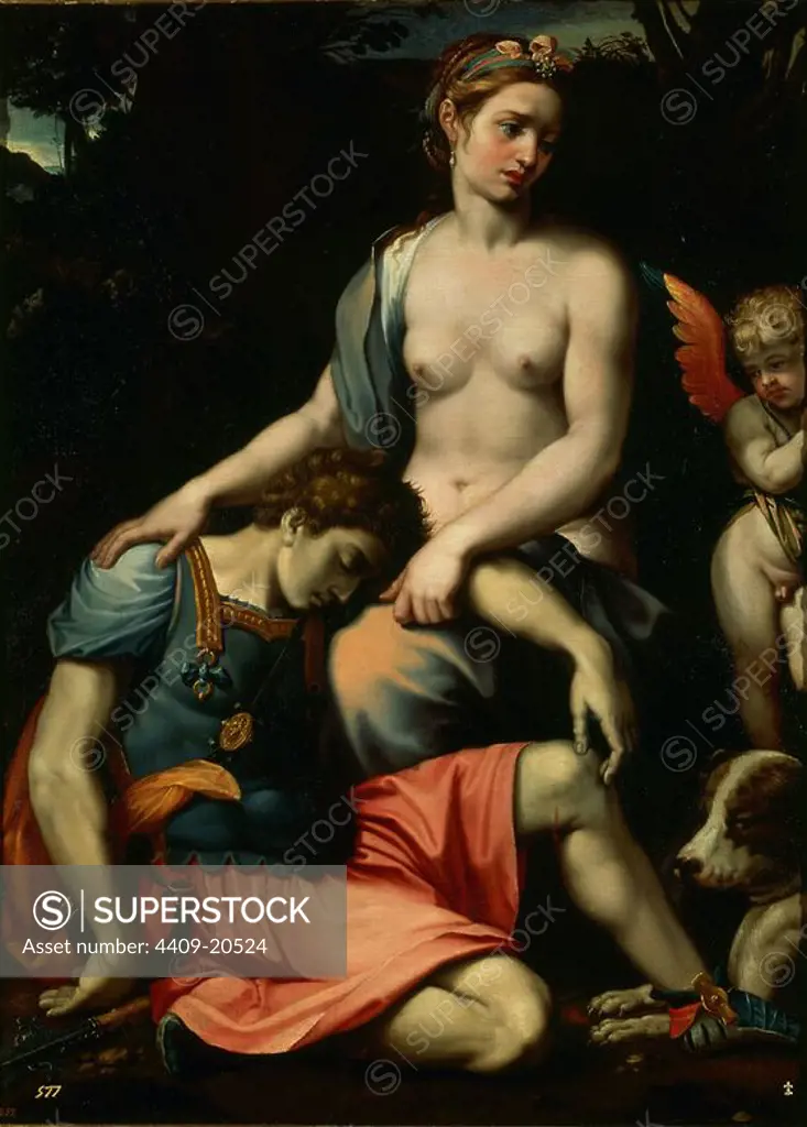 'Venus and Adonis', 17th century, Oil on canvas, 135 x 100 cm, P05446. Author: ITALIAN ANONYMOUS. Location: MUSEO DEL PRADO-PINTURA. MADRID. SPAIN. Adonis. AMOR MITOLOGIA. VENUS DIOSA ROMANA.