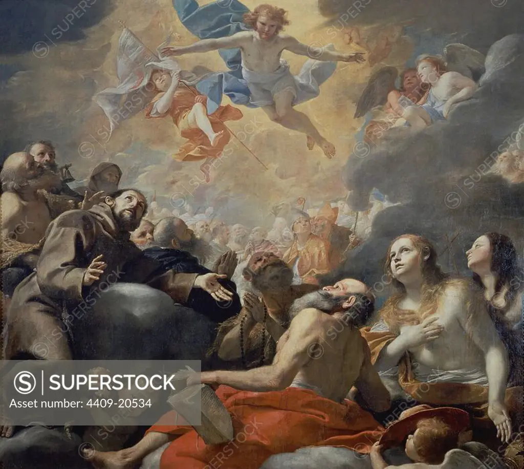Christ in Glory with the Saints - 17th century - 220x253 cm - oil on canvas - Italian Baroque - NP 3146. Author: MATTIA PRETI. Location: MUSEO DEL PRADO-PINTURA. MADRID. SPAIN. JESUS. SAN FRANCISCO DE ASIS. MARY MAGDALENE. SAN JERONIMO (347-420).
