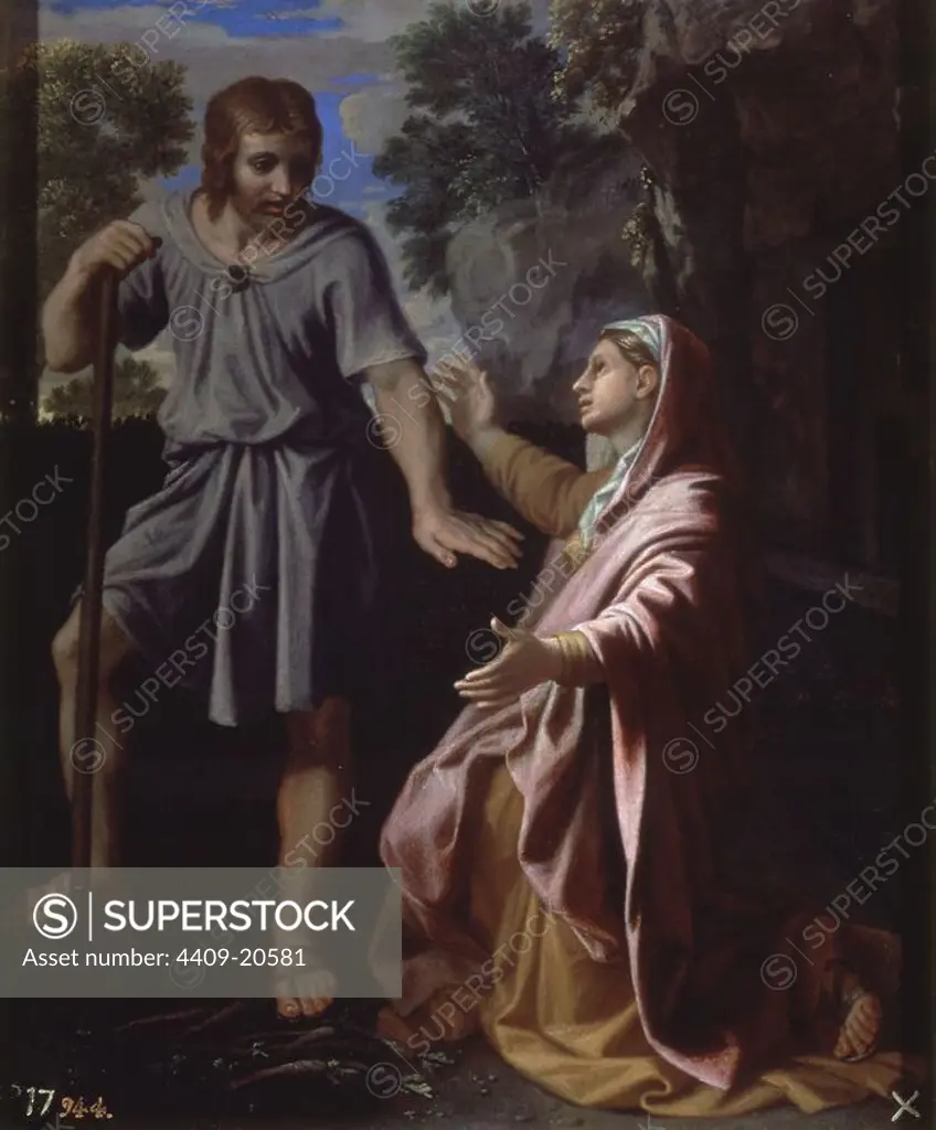 'Noli me tangere', ca. 1657, Oil on panel, 47 cm x 39 cm, P02306. Author: NICOLAS POUSSIN. Location: MUSEO DEL PRADO-PINTURA. MADRID. SPAIN. JESUS. MARY MAGDALENE. CRISTO RESUCITADO.
