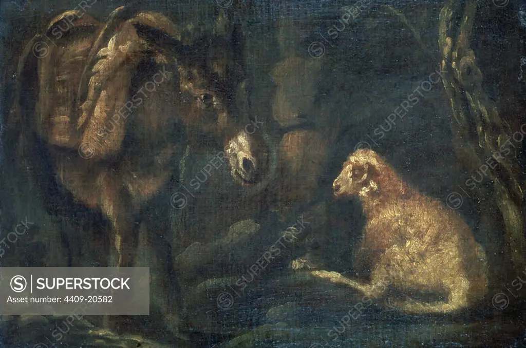'A Donkey and a Sheep', 17th century, Oil on canvas, 35 x 51 cm, P02771. Author: PEDRO DE ORRENTE (1580-1645). Location: MUSEO DEL PRADO-PINTURA. MADRID. SPAIN.