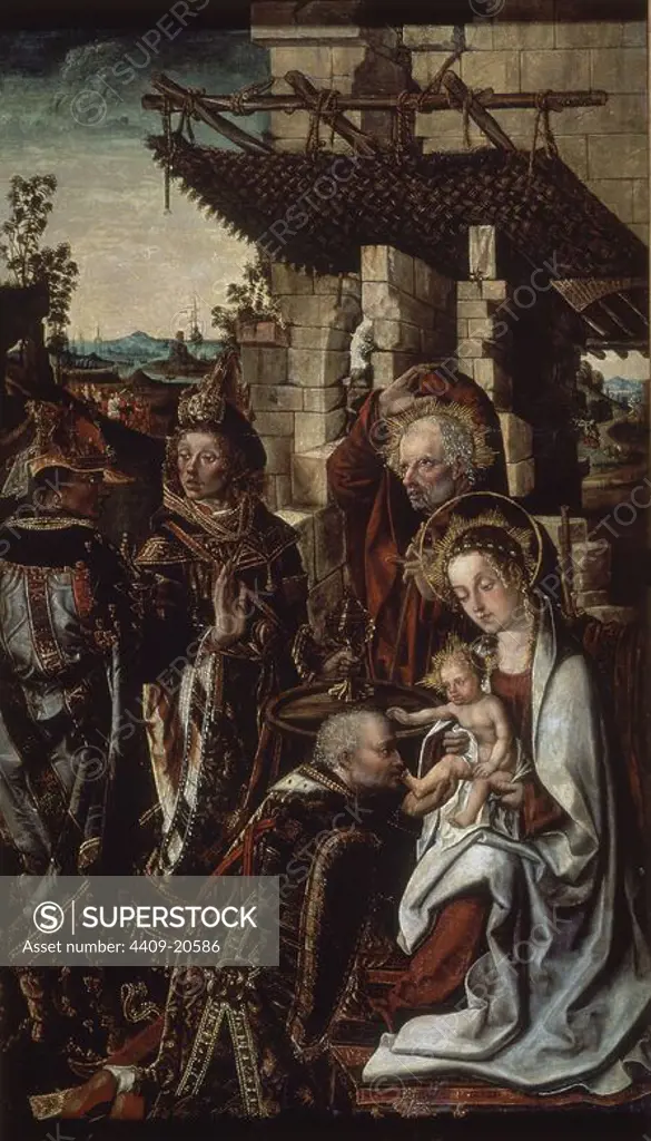 'Adoration of the Magi', ca. 1500, Oil on panel, 78 cm x 46 cm, P02835. Author: FRANCISCO DE OSONA EL JOVEN (1465-1514). Location: MUSEO DEL PRADO-PINTURA. MADRID. SPAIN. CHILD JESUS. VIRGIN MARY. SAN JOSE ESPOSO DE LA VIRGEN MARIA. Melchor. Gaspar. BALTASAR.