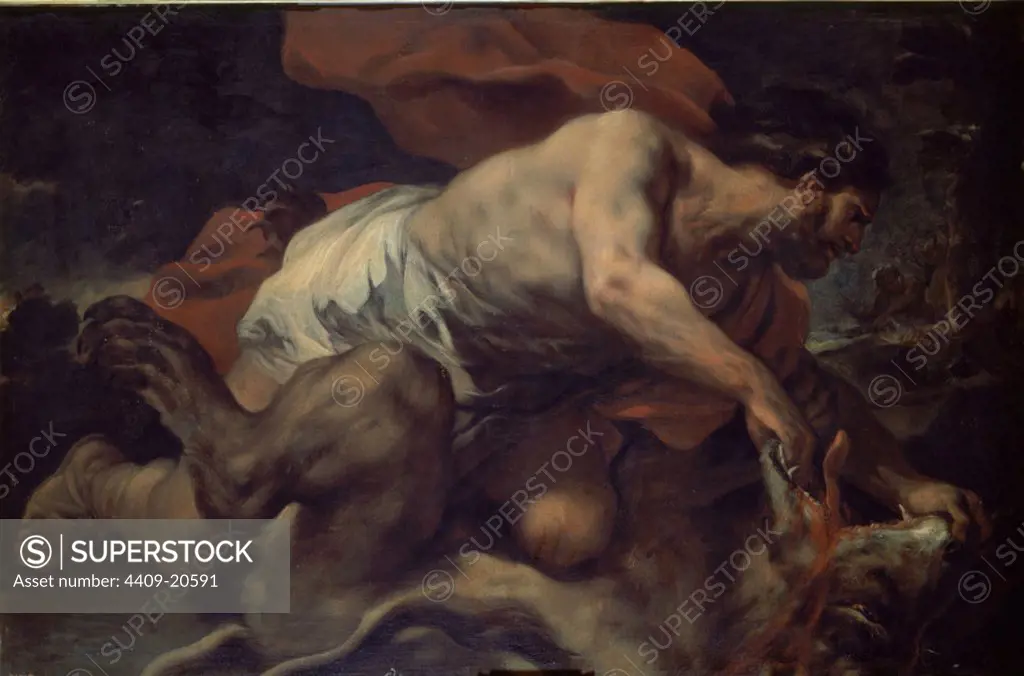 'Samson and the Lion', 1695-1696, Oil on canvas, 95 cm x 142 cm, P00163. Author: LUCA GIORDANO. Location: MUSEO DEL PRADO-PINTURA. MADRID. SPAIN.