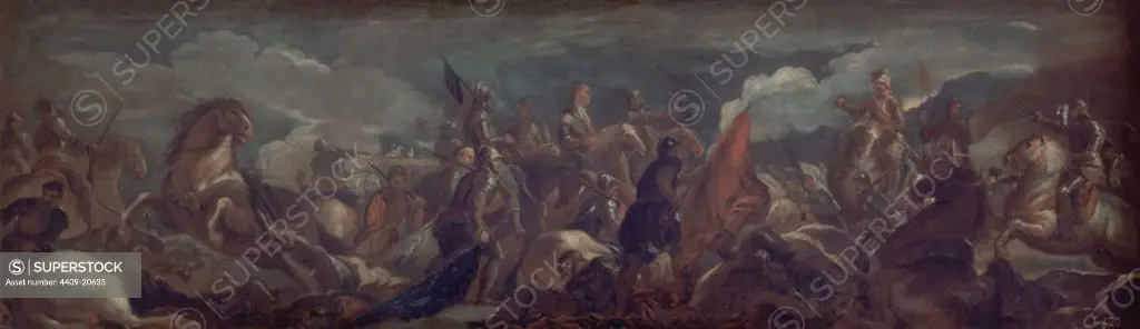 'Prisión del condestable de Montmorency, en la Batalla de San Quintín', 1692-1693, Oil on canvas, 53 cm x 168 cm, P00187. Author: LUCA GIORDANO. Location: MUSEO DEL PRADO-PINTURA. MADRID. SPAIN.