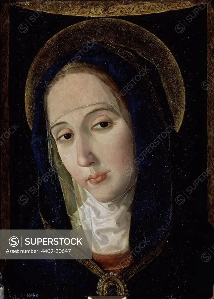 'Mater Dolorosa', 1482-1484, Oil on panel, 34 cm x 25 cm, P07135. Author: PAOLO SAN LEOCADIO (1445-1520). Location: MUSEO DEL PRADO-PINTURA. MADRID. SPAIN. VIRGIN MARY. VIRGEN DOLOROSA. VIRGEN DE LOS DOLORES.