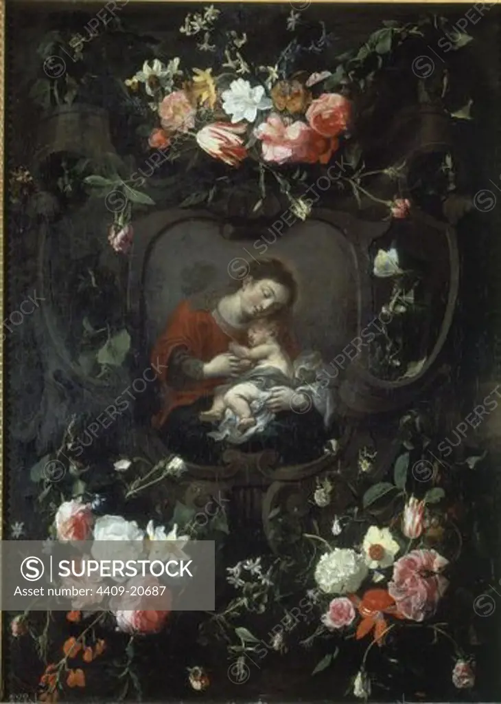 The Virgin and Child in a Garland of Flowers - 17th century - oil on canvas - 86 x 62 cm - NP 1905. Author: SEGHERS, DANIEL. Location: MUSEO DEL PRADO-PINTURA, MADRID, SPAIN. Also known as: GUIRNALDA CON LA VIRGEN Y EL NIÑO.