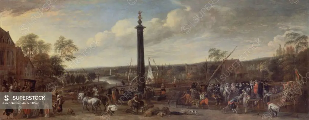 'Desembarco de un cortejo en un puerto fluvial', 1688, Dutch Baroque, Oil on canvas, 70 cm x 167 cm, P02104. Author: MINDERHOUT HENDRICK VAN. Location: MUSEO DEL PRADO-PINTURA. MADRID. SPAIN.