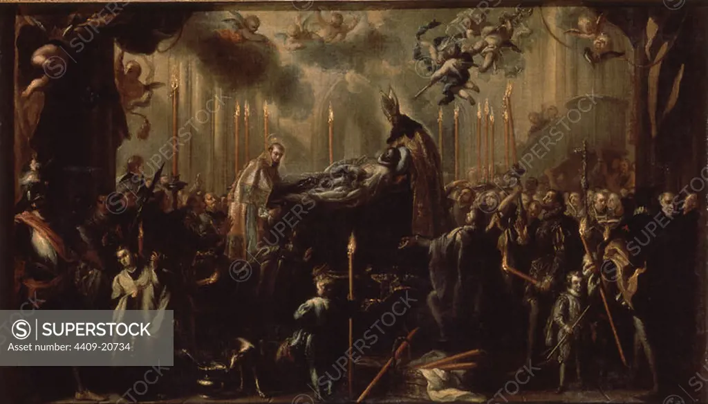 The funeral of Count Orgaz. El entierro del señor de Oragaz. Oil on canvas (0.85 X 1.47). Madrid, Prado museum. Author: JACINTO MELENDEZ MIGUEL (1679-1731). Location: MUSEO DEL PRADO-PINTURA. MADRID. SPAIN. SAINT AUGUSTINE. CONDE ORGAZ. SAN ESTEBAN MARTIR. RUIZ DE TOLEDO GONZALO.