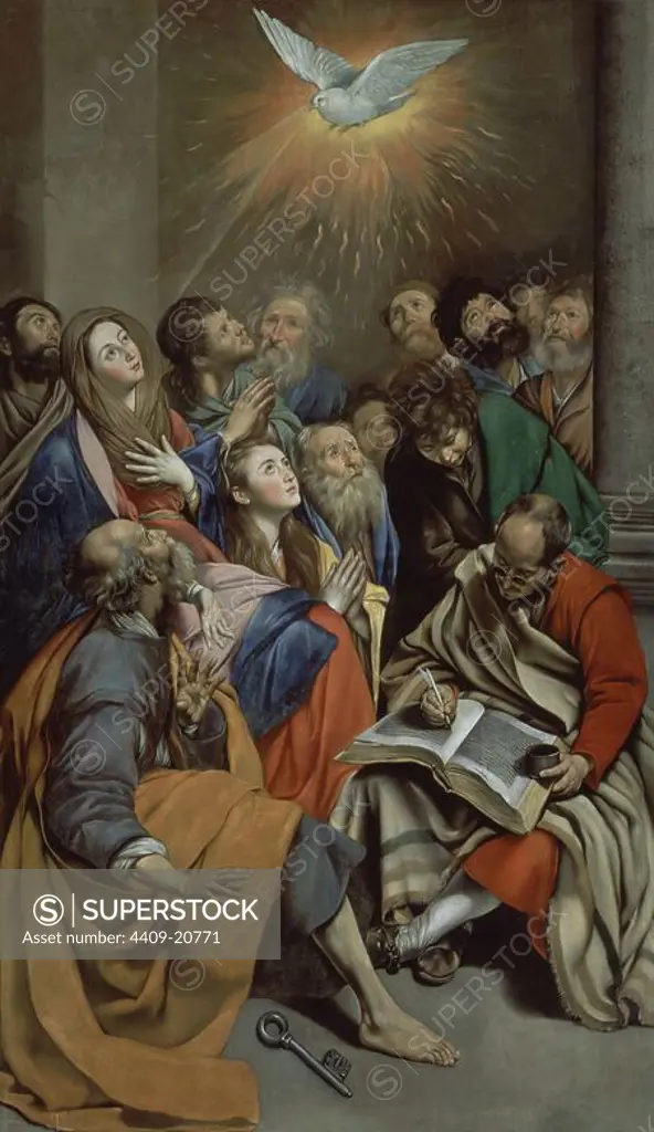 Spanish school. Pentecost. Pentecostes. Oil on canvas (285 x 163 cm). Madrid, El Prado. Author: FRAY JUAN BAUTISTA MAINO (1581-1649). Location: MUSEO DEL PRADO-PINTURA. MADRID. SPAIN. Philip The Apostle. SIMON MAGUS. Apostle Saint Jude Thaddeus. MARY MAGDALENE. APOSTLE PETER. VIRGIN MARY. SAN JUAN EVANGELISTA Y APOSTOL. SANTO TOMAS APOSTOL. JAMES THE GREATER. SAN LUCAS EVANGELISTA. SANTIAGO ALFEO EL MENOR. SAN MATEO APOSTOL Y EVANGELISTA. SAN BARTOLOME APOSTOL / NATAEL / NATANAEL. Apóstol Santiago el Mayor.