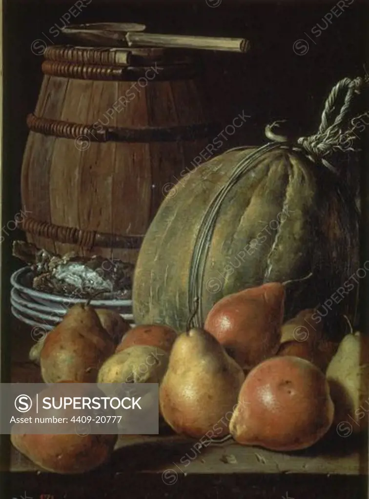Still Life with pears, melon and barrel for marinading - ca. 1764 - 48 x 35 cm - oil on canvas - Spanish Baroque - NP 919. Author: MELENDEZ, LUIS. Location: MUSEO DEL PRADO-PINTURA, MADRID, SPAIN. Also known as: BODEGON: PERAS, MELON, PLATOS Y BARRIL.