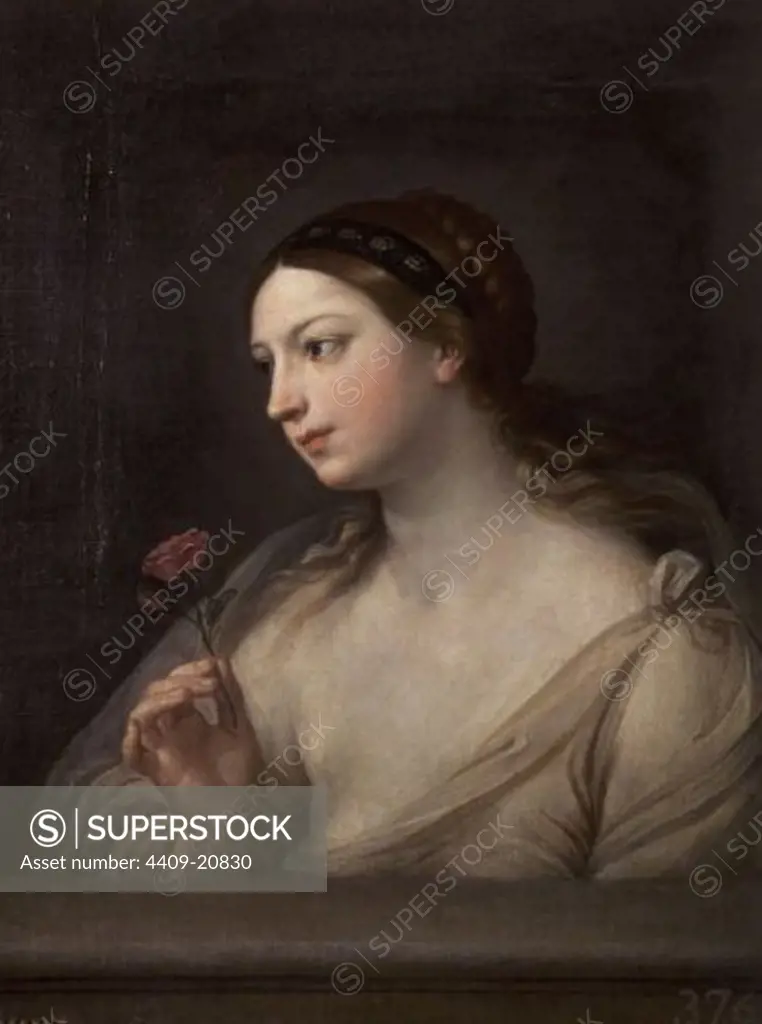 Girl with a Rose - 17th century - 81x62 cm - oil on canvas - Italian school- NP 218. Author: RENI, GUIDO. Location: MUSEO DEL PRADO-PINTURA, MADRID, SPAIN. Also known as: MUCHACHA CON UNA ROSA.