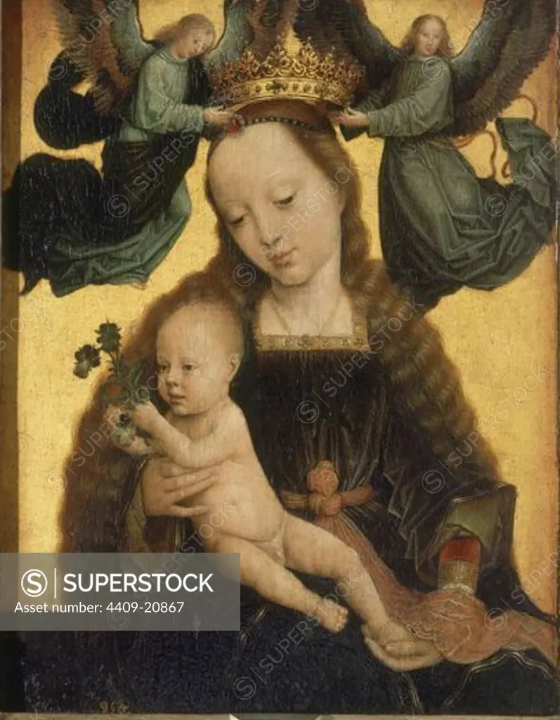 Madonna and Child Crowned by Two Angels, c.1520 - 34x27 cm - oil on panel - NP 1512 -Flemish painting. Author: DAVID, GERARD. Location: MUSEO DEL PRADO-PINTURA, MADRID, SPAIN. Also known as: LA VIRGEN, EL NIÑO Y DOS ANGELES QUE LA CORONAN.