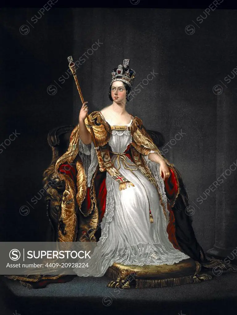 Queen Victoria in her coronation robes 1837 from Jubilee book of Queen Victoria. oleograph.