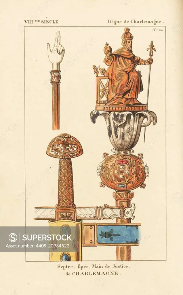 Sceptre, sword and hand of justice of Charlemagne. The gold sceptre is decorated pearls, rubies and sapphires, a fleur de lys and figure of the king. Handcoloured copperplate drawn and engraved by Leopold Massard from "French Costumes from King Clovis to Our Days," Massard, Mifliez, Paris, 1834.