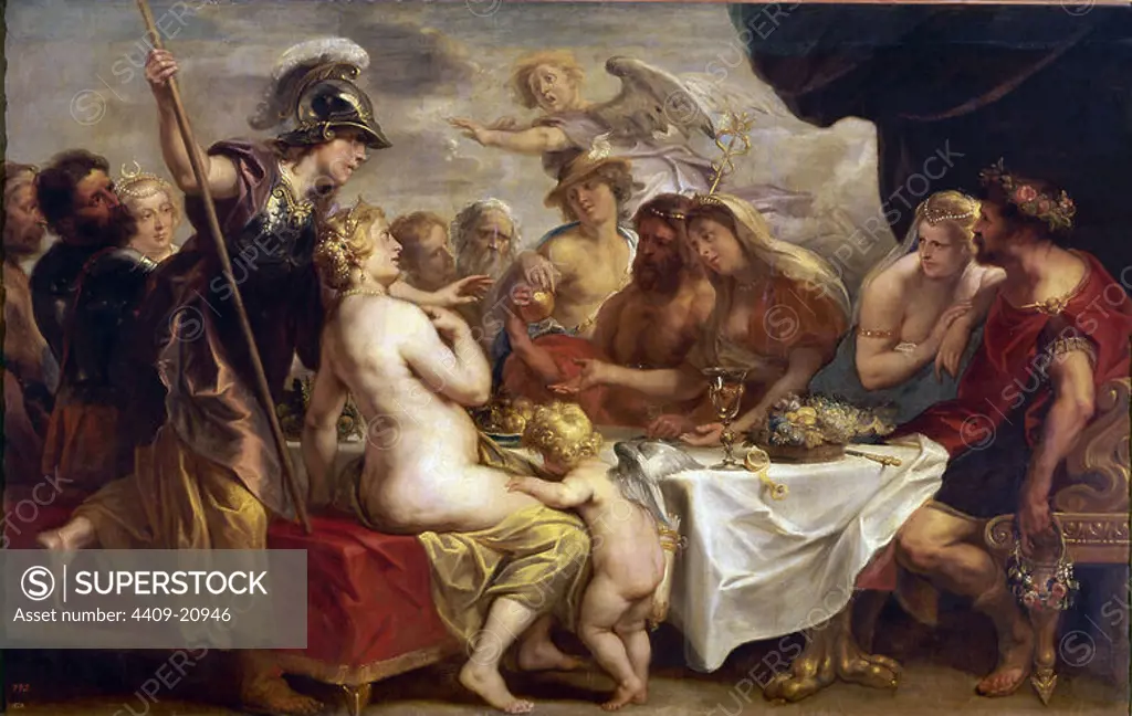 The Wedding of Thetis and Peleus. Las bodas de Tetis y Peleo. 17th century. Canvas (181 x 288Flemish baroque. Madrid, Prado museum. Author: RUBENS / JORDAENS JACOB. Location: MUSEO DEL PRADO-PINTURA. MADRID. SPAIN. Minerva. Jupiter. HERMES. THETIS. HERA. Pèleo. VENUS DIOSA ROMANA.