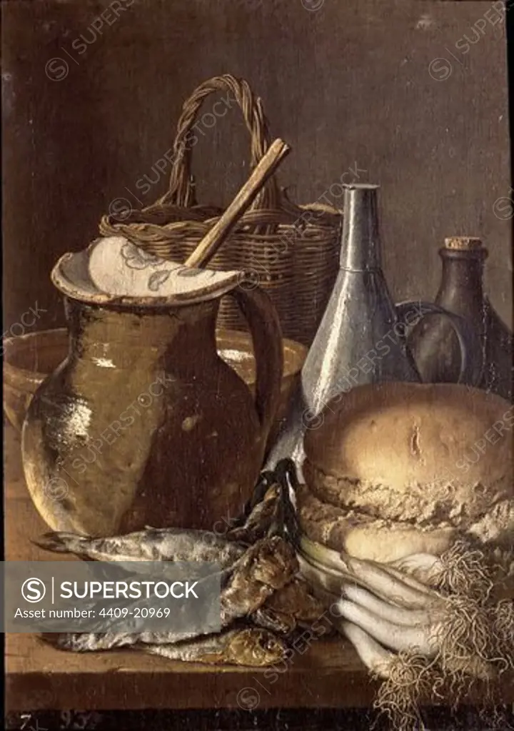 Still life: fishes, chives, bread and objects. Bodegón: pescados, cebolletas, pan y objetos diversos. Canvas (50x37). 18th century. Baroque style. Madrid, Prado museum. Author: MELENDEZ, LUIS. Location: MUSEO DEL PRADO-PINTURA, MADRID, SPAIN.