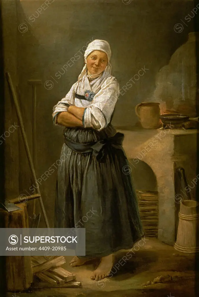 'A Saxon Villager in her Kitchen', ca. 1756, French School, Oil on canvas, 83 cm x 55 cm, P02270. Author: CHARLES FRANÇOIS HUTIN. Location: MUSEO DEL PRADO-PINTURA. MADRID. SPAIN.