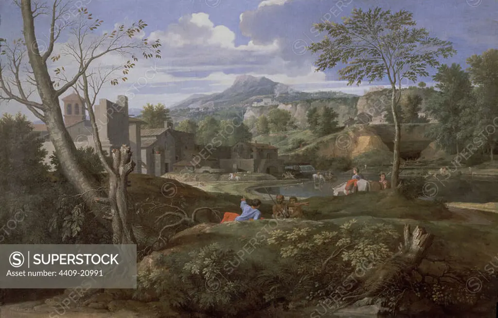 Countryside with River, Mountain, Architecture and Characters. 120x187. Ca. 1650-1651. Madrid, Prado museum. Author: NICOLAS POUSSIN. Location: MUSEO DEL PRADO-PINTURA. MADRID. SPAIN.