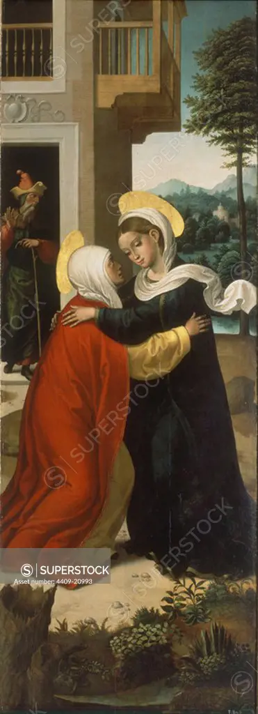 'The Visitation/Penitent Saint Jerome', ca. 1535, Oil on panel, 218 cm x 77 cm, P00689. Author: JUAN CORREA DE VIVAR. Location: MUSEO DEL PRADO-PINTURA. MADRID. SPAIN. VIRGIN MARY. SAINT ELIZABETH. ZACARIAS.