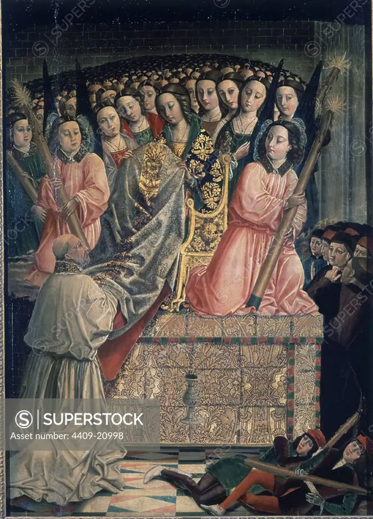 'La imposición de la casulla a San Ildefonso', ca. 1490, Tempera on panel, 165 x 91 cm, P01294. Author: MAESTRO DE LAS ONCE MIL VIRGENES (S. XV). Location: MUSEO DEL PRADO-PINTURA. MADRID. SPAIN.
